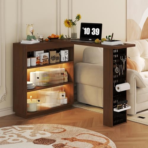 PREMTURE Bartisch Esstisch Buffets Retro Ausziehbar Drehbar Stehtisch Bistrotisch mit Stauraum und LED Lichtstreifen für Esszimmer, Diele, Bartisch mit Lochplatte, 210 x 30 x 103 cm,Braun
