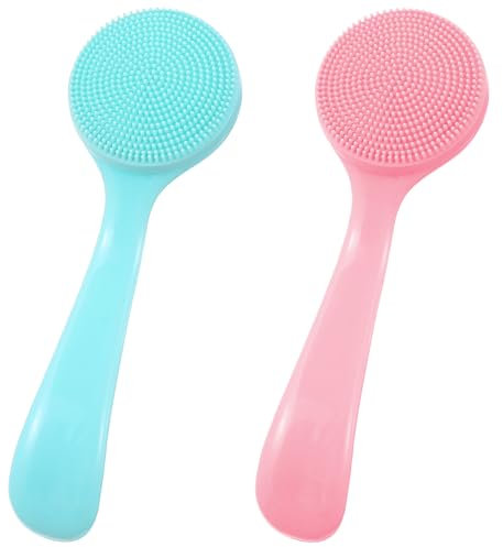 Oruola Lot de 2 brosses de nettoyage pour le visage, poils doux et imperméables en silicone pour le visage, exfoliant, convient pour homme et femme pour enlever les résidus de maquillage (bleu, rose)