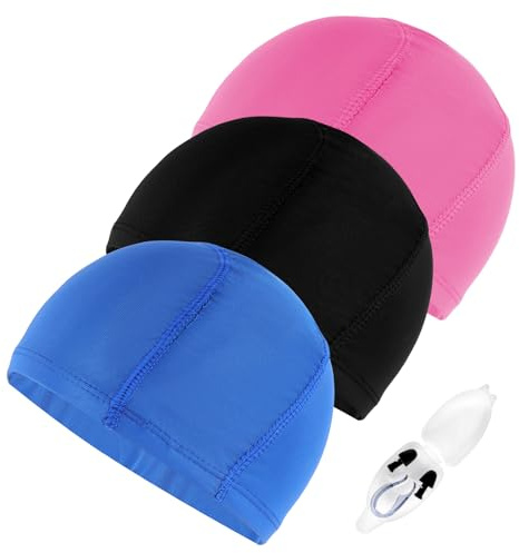 TPTGIAR 3 Stück Badekappe, Elastische Badekappe Mädchen Herren, Bequemer Stoff, Badekappes Kinder Jungen mit Nasenclip und Ohrstöpseln für Kurze Lange Haare Mädchen Jungen Schwimmer