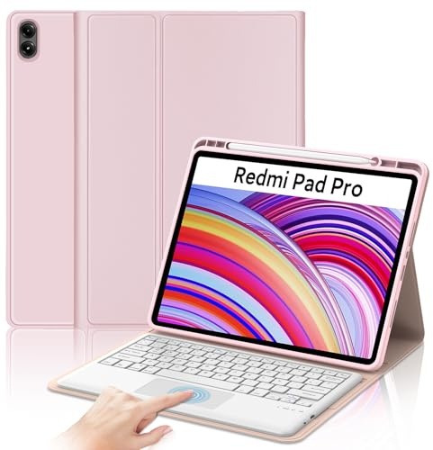 IVEOPPE Teclado Redmi Pad Pro 12.1 con Touchpad, Teclado Trackpad Xiaomi Poco Pad 12.1, Funda Teclado Español Ñ Bluetooth Desmontable para Xiaomi Redmi Pad Pro 12.1 2024, Rosa Claro
