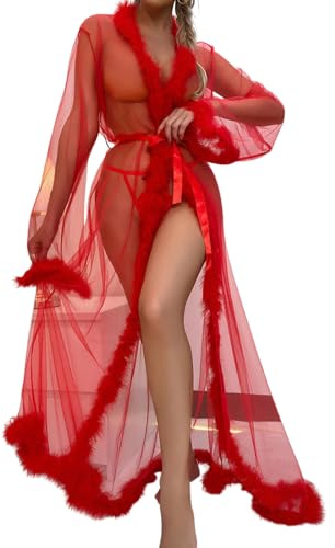 PARUPRUP Women's Sheer Mesh Feather Trim Dressing Gown Long Kimono Robe | Sexy Lingerie Nightwear, Open Front Tie Waist, Fluffy Faux Fur Trim, Sheer Maxi Gown for Boudoir Wedding Night Loungewear