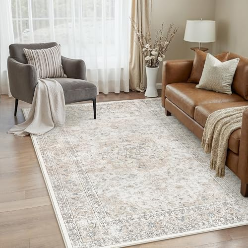 PureCozy Teppich Wohnzimmer 140x200cm Vintage Waschbarer Beige Tepich | Rutschfest Kurzflor,Weich Cream Teppiche,Wohnzimmerteppich,Schlafzimmer,Esszimmer,Büro,Kinderzimmer