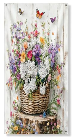 Dekoratives Deko-Banner mit Schleierkraut im Frühling, 91,4 x 183,9 cm, Holzblumenkorb, Schmetterlinge, Türaufhängung für Haustür, Innen- und Außenbereich, Blumenveranda-Hintergrund