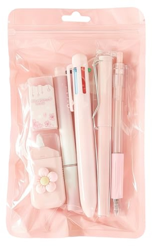 TIHNY Lot de 6 fournitures de bureau et scolaires roses - Stylo gel, surligneur, stylo à bille, porte-mine, ruban correcteur