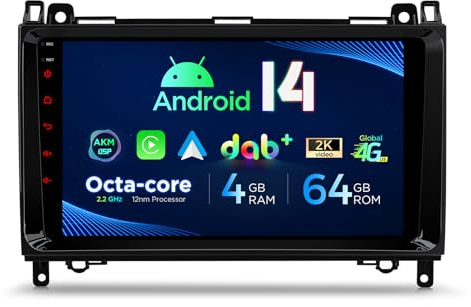 XTRONS Android 14 Autoradio DAB Plus für Mercedes-Benz W169 W245 Sprinter Viano für VW Crafter, 9 Zoll Octa Core 4+64GB Autoradio mit Navi, Eingebautes 4G LTE Gyroskop-Sensoren Car Play AKM DSP