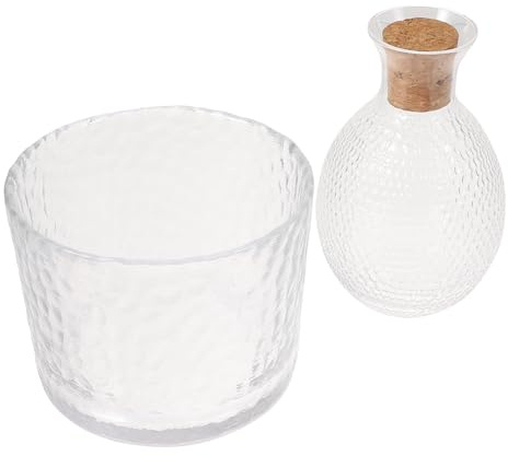 Beavorty Japanese Style Hammered Glass Sake Set with Ice Bucket and Wooden Stopper, Sake Decanter and Wine Jar for Cold Rice Wine Serving and Entertaining