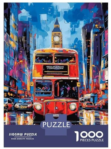 Londoner Roter Bus 1000 Teile Puzzle Puzzle für Erwachsene Stadt Nachtblick Papier Entspannung Deko Geschenk 38x26cm/1000pcs