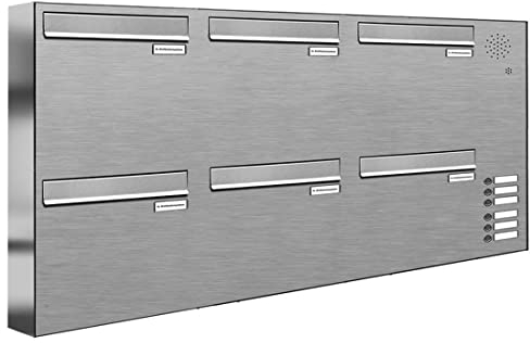 AL Briefkastensysteme 6er Briefkasten für Tür/Zaundurchwurf in V2A Edelstahl mit Klingel, 6 Fach, wetterfeste Premium Briefkastenanlage modern