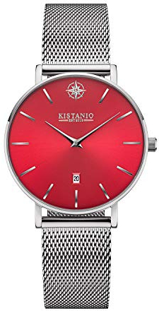 Kistanio Petit Damenuhr mit Milanaiseband Datum Edelstahl Rot Saphirglas SI-RTS-M
