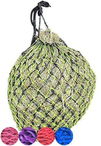 Doppeltes Heunetz für langsames Füttern von gierigen Pferden – Metall-Ring-Netztasche mit extra starken kleinen Netzlöchern. Pferde-Zubehör, Heunetz für Rieselfutter, Pferde-Leckerlis und Heuballen