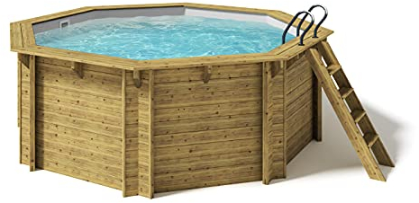 Paradies Pool® Holzpool Kalea Einzelbecken inkl. Zubehör, Edelstahlleiter Tiefbecken, Folie grau mit 0,8mm Stärke, Achteck-Pool, 436 x 138 (Ø x H), Menge: 1 Stück