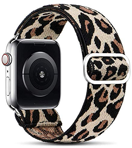 Elastisches Solo Loop Kompatibel mit Apple Watch Armband, Geflochtenes Muster Nylon Sport Armband für IWatch Series 6/SE/5/4/3/2/1 Strap,Beiger Leopard 42mm/44mm