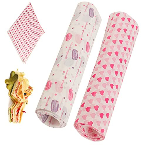100 PCS Wachspapier Beeswax Natur Bienenwachs Roller Bienenwachs Wraps Set Lebensmittelpapier Wasserdicht und Antiadhäsiv Rotes Herz Macarons Muster