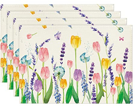 Artoid Mode Tulpe Lavendel Frühling 4er Set Platzsets, Saisonaler Sommer Küche Tisch Dekoration Drinnen Urlaub Party Dekor 30x45cm