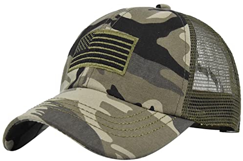 Unisex Mesh Tactical Camouflage Baseball Cap American Flag Embroidery Classic Lightweight Breathable Climbing Hiking Camouflage One Size