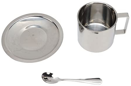 Atyhao Stainless Steel Coffee Cups Set, Teacups, Mugs & Saucers Cup & Saucer Sets Double Walled Mug with Spoon and Saucer for Latte Cappuccino Milk Tea (260ml)