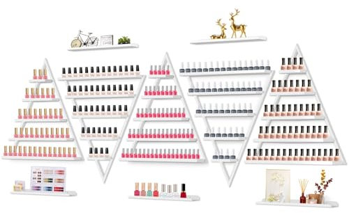10PCS Metal Wall-mounted Nail Polish Storage Racks, Lorvain 5 Tiers White Triangular Display Rack Cosmetic Display Case Lipstick Perfume Wall Shelf Essential Oil Organizer for Home Spa Nail Salon Shop