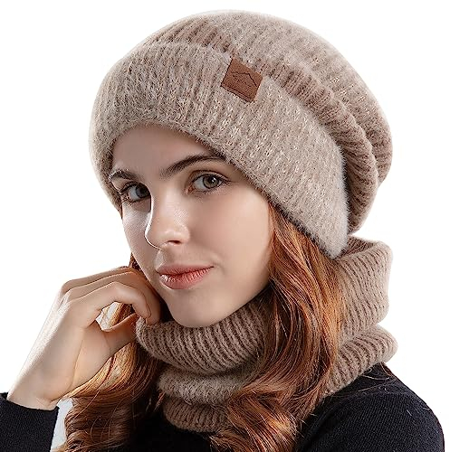 WANYIG Winter Mütze mit Schal Damen Wintermütze Warm Strickmütze Wollmütze Weich Gestrickt Beanie Loop Schal Set für Herbst Winter 55-60cm(Khaki)