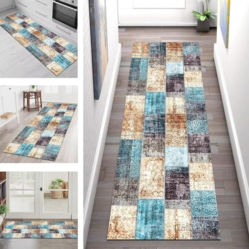 Teppich Läufer Flur Küche rutschfest waschbar Küchenläufer Korridor Tepiche Lang 50X200CM Blau Braun Grau Teppichläufer Meterware Kücheteppich Schlafzimmer Wohnzimmer Flurmatte Breit 40-120cm