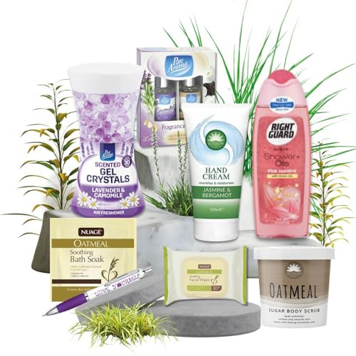 Spa Set For Women | Oatmeal Bath Soak, Sugar Body Scrub, Hand Cream, Facial Wipes, Shower + Oils, Scented Gel Crystals, Fragrance Oils | Pamper Bath Set with Sinta Gifts Pen