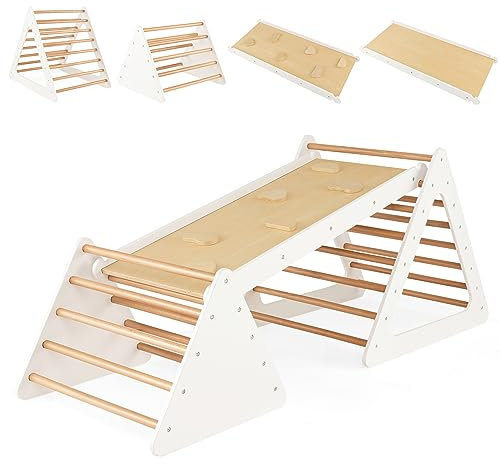 COSTWAY 3 in 1 Wooden Climbing Frame, Kids Indoor Jungle Gym Activity Center with Ramp for Climbing & Sliding, Promote Motor Skills, Montessori Toys for Kindergarten Home Use (White)