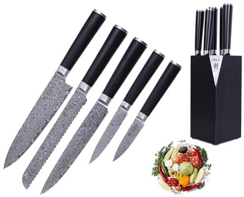 Wakoli Culinary Noir 6-teiliges Damastmesser-Set I Einsteckblock & 5 Messer aus 67 Lagen Damaststahl mit VG-10 Kern I Echtholzgriffe I Hochwertiges Küchenmesser-Set in elegantem Design
