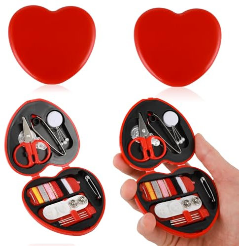 Cobee Nähset, 2-teiliges Mini-Nähset für Reiseutensilien, tragbares DIY-Notfall-Näh-Reparaturzubehör, herzförmige Nähaufbewahrungsbox mit Nadeln, Knöpfen, Drahtstiften, Fadenschere (rot)