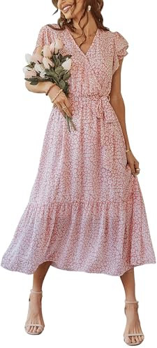Awemeal Kleid Damen Sommer Elegant V-Ausschnitt Kurzarm Lang Sommerkleid Boho Blumenkleid mit Gürtel Rüschen Saum Wickelkleid Strandkleid A Linie Fließend Maxikleid （S, Blume Rosa）