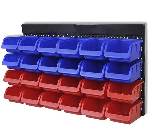 ShCuShan Wall Mounted Storage Bins Backboard DIY Stackable Workshop Storage for Tools Hardwares Crafts Plastic Bin Panel Rack with Screws for Tool Shed Garage Workshop,2 pcs Blue & Red Wall Mounted Ga