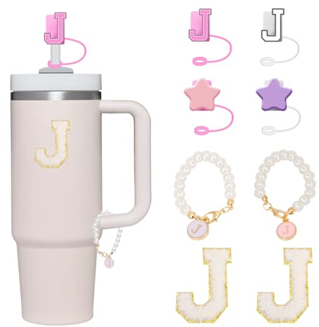 Letter Stanley Straw Cover 2Pcs Dustproof 10mm Straw Cover for Stanley Cup Accessories Include 2pcs Personalized Name ID A-Z Pearl Hangings Letter Stickers(J)