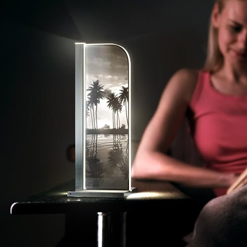 Luverre Tischlampe | LED-Leuchte | Glas-Leuchte mit Gravur für Nachttisch, Kommode, Wohnzimmer | Natur, Landschaft, Palme (Tropical Paradise, Segel | silber)
