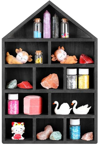 Threehoney House Shaped Wooden Shadow Cubby Box 10 W x 2 1/4 D x 15 H Hanging Display Shelf Organizer Wall Mounted Curio Cabinet Wooden Display Case Miniature Display Shelf for Figures (Black)