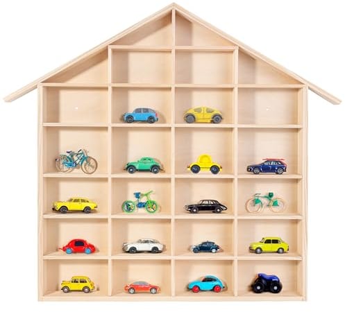 Creative Deco Vitrine Murale Petite Etagere Bois Non Peinte | 28 Compartiments | 56 x 50 x 3,5 cm (+/- 1 cm) | Vitrine pour Collection | Petit Meuble de Rangement | En Forme de Maison | Salon Figurine
