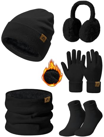 PASUDA Mützen Schal Handschuhe Damen Winter 5 Stücke Set Warme Fleece Gefütterte Beanie Wintermütze Halswärmer Touchscreen Handschuhe Plüsch Ohrenschützer Verdickte Socken Winterset(Schwarz, One Size)