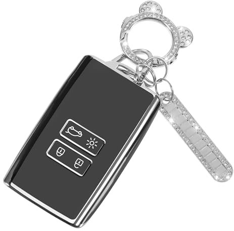 Autoschlüssel Hülle Cover Kompatibel für Renault Arkana Clio Koleos Megane Kadjar Talisman Captur Espace 4 Tasten Auto Schlüssel Schlüsselcover Schlüsselhülle mit Schlüsselanhänger (Schwarz Silber)