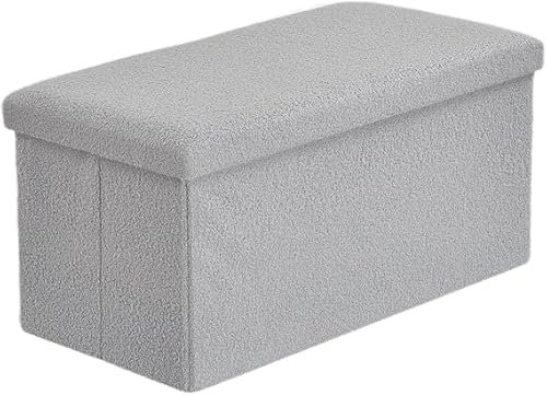 H2 Linen Fleece Boucle Large Folding Grey Ottoman Storage Boxes Double Bed Long Rectangle Wooden Ottoman Storage Box Set Foot Rest Stool Seat Bench, Toy Solid Chest with Lid 78x38x38cm