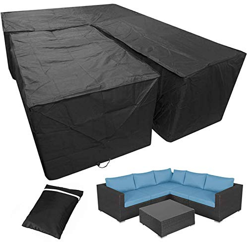 Strapazierfähige, wasserdichte L-förmige Gartenmöbel-Abdeckung für Terrassenset, 300 cm V + rechteckig, für den Außenbereich, Ecksofa, Couch, Schutzabdeckung in Schwarz, inklusive Aufbewahrungstasche,