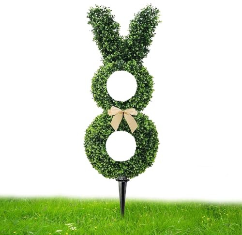 Künstlicher Buchsbaum Hase Gartenstecker, Bunny Topiary,Grün mit Schleife, Osterdekoration für Draußen und Drinnen, Gartendekoration, Ostern Deko, Innen-und Außenbereich ﻿ ﻿ ﻿ ﻿ (50cm)