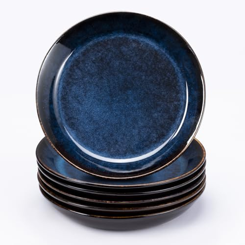 Bluweet Speisetelle Set 6 Personen, Kleine Steingut Geschirr 6 Teilig, Teller Set Essteller Dinner kratzfest, Plates Spülmaschinenfest, Speise Teller Blauen Glasierten Oberfläche 19cm