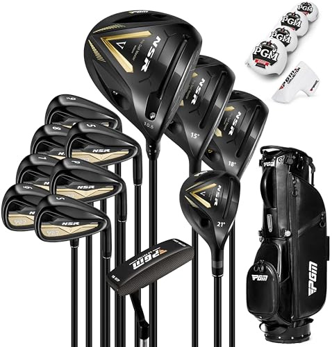 PGM MTG056-1 - Juego completo de palos de golf para hombre, 14 piezas, para diestros, con conductor, madera de Fairway, híbrido, hierros, putter y bolsa de soporte, aleación de acero inoxidable para