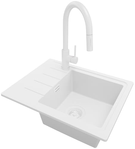 PRIMAGRAN Granitspüle ab 45er Unterschrank + Küchenarmatur, 55x44cm | Set: Küchenarmatur BW9010 + Ablauf-Set (Siphon, Ablaufgarnitur, Überlauf) + Spülbecken 1 Becken - Kopenhagen Easy, Alles Weiß