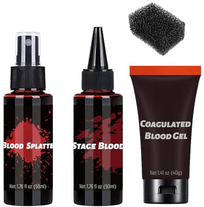 CHASPA Halloween Kunstblut Schminke Set (3Pcs) - Fake blood Kit für Vampir, Zombie Kostüm Makeup -Mit Blut Spray , Wunden Gel - Schminke für Erwachsene, Theaterschminke, Horror Party Zubehör