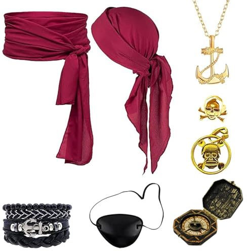 Mailfull 8 Stück Piraten Accessoires Set mit Kopftuch Hüfttuch Augenmaske Halskette Ohrringe Ring Armband Kompass Piratenkostüm Damen Herren für Halloween Karneval Piratenparty