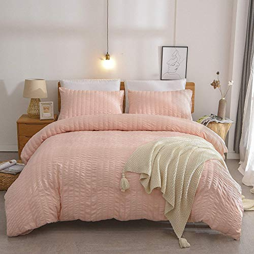RAYYAN LINEN Seersucker Luxury Duvet Cover Bedding Set with Pillow Cases Ruffled Seersucker Texture (Blush Pink, Double)