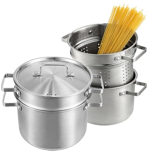 GREENSAPPIRE 4L Stainless Steel Pasta Pot 24cm Strainer Lid Stockpot | 4L stainless steel pasta pot with removable strainer insert and glass lid. Thick induction base compatible with all hobs