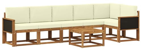 vidaXL Outdoor-Sofagarnitur mit Kissen 7 pcs Natur und Creme Polyester, Modernes Garten-Sofa Set, wetterfestes Möbel, Sektional für die Terrasse, Akazienholz, Entspannung im Freien
