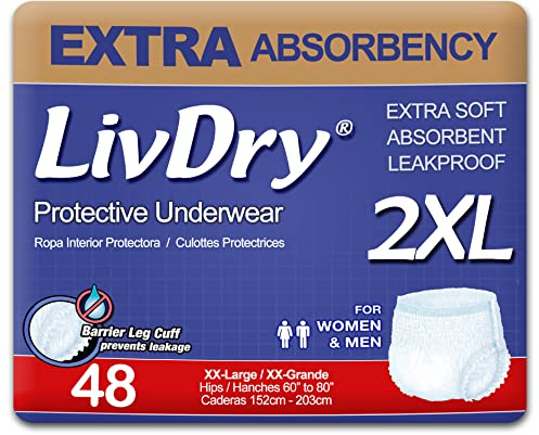 LivDry Adult 2XL Incontinence Underwear, Extra Comfort Absorbency, Leak Protection, XX-Large, 48-Pack