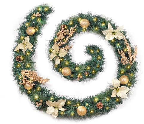 Best Artificial Cream Gold Decorated Christmas Garland with 80 Warm White LED Battery Lights (9ft Garland)