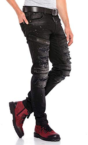 Cipo & Baxx Herren Jeanshose Destroyed Regular Fit Denim Hose Pants Labeldetails Zerrisen Hose Design Jeans Hose Schwarz W38 L34