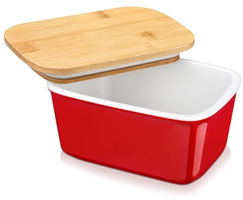 LOVECASA Butter Dish, Porcelain Butter Container with Wooden Bamboo Lid, French Butter Dish,Removable Silicone Seal, 500ml Red